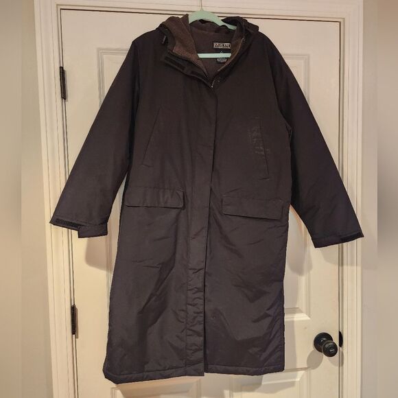 Lands End warm black quilted long coat with double zipper and fleece lin… - Picture 1 of 7